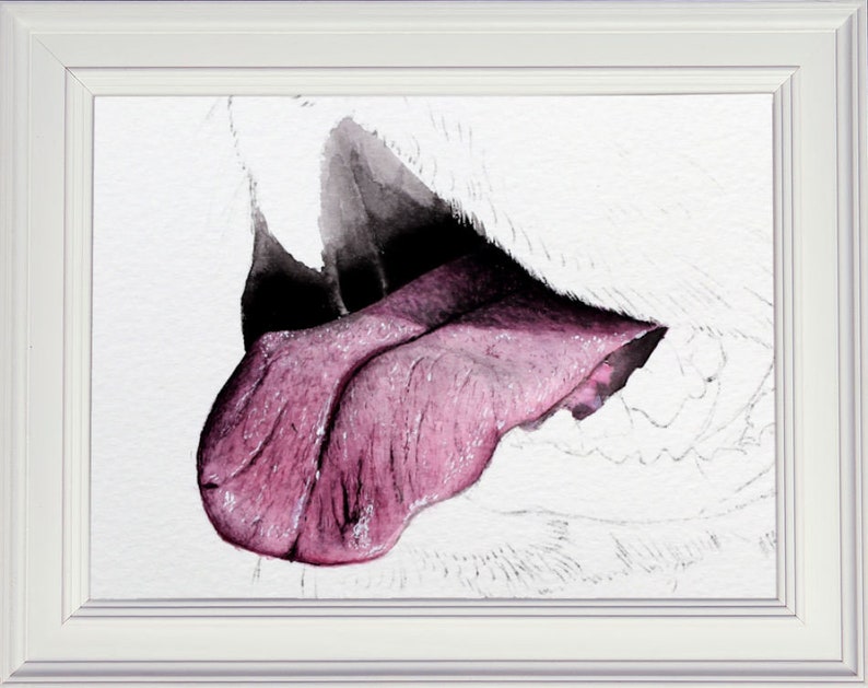 The finished illustration of a dog's tongue in a white frame.  The tongue is a pink colour, and looks realistic and lifelike, with all the fine details painted onto the surface, and a suggestion of the mouth around the edge.
