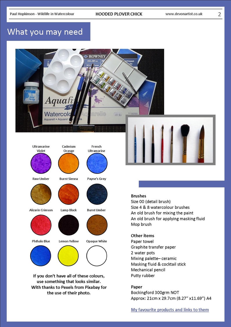 The materials needed to paint the little bird.  The paint colours are shown as swatches, there are 12 different ones.  Alongside is a list of the other equipment and materials that would be useful to have to hand.