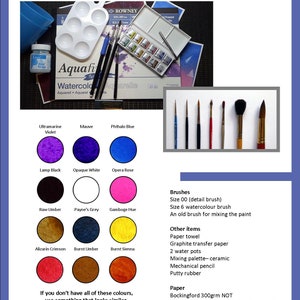 The materials you will need to complete this painting.  The watercolor paints are shown as swatches, whilst the brushes and other items are listed.