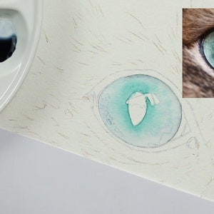 An early stage in the project. Paul's palette with a dark blue paint is shown to the left, and the painting to the right.  Paul has added a turquoise wash to the iris.