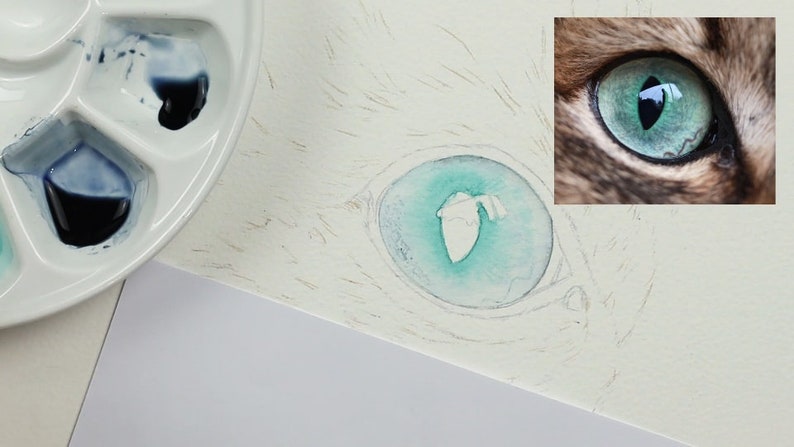 An early stage in the project. Paul's palette with a dark blue paint is shown to the left, and the painting to the right.  Paul has added a turquoise wash to the iris.