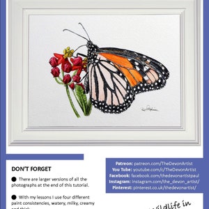 The first page of the lesson showing the butterfly in a white frame at the top of the page.  Below are details for Paul's other online art channels, where he shows and teaches his style of watercolors.