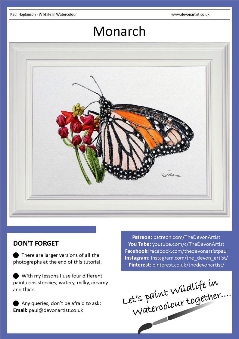 The first page of the lesson showing the butterfly in a white frame at the top of the page.  Below are details for Paul's other online art channels, where he shows and teaches his style of watercolors.