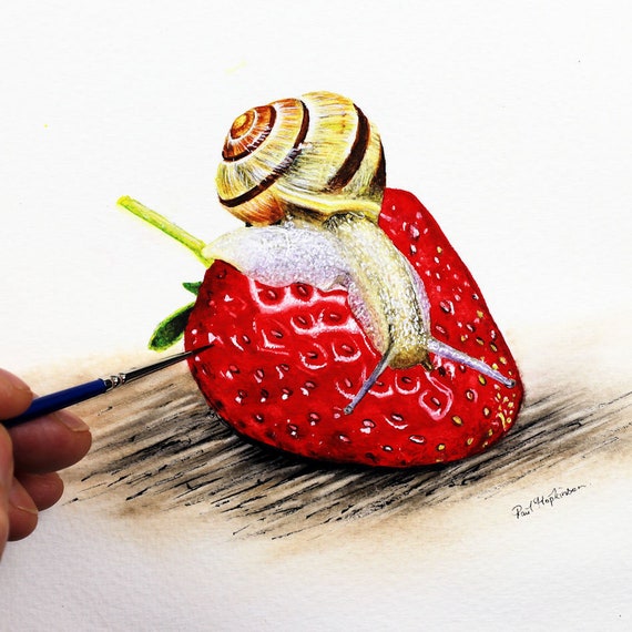 Realistic Wildlife Watercolour Painting Tutorial, Illustration Style Art Watercolor Lessons, Snail & Strawberry Painting