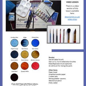 The materials and paints that are needed for the project.  These are shown in a list, and also as swatches of colour for the paints.