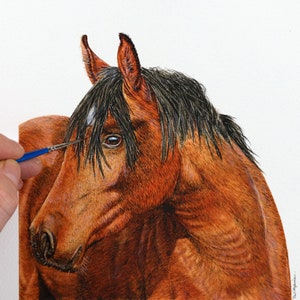 Paul painting a study of a horse.  The animal is looking to the left, and is a rich tan brown, with a black mane.  The painting is highly detailed, and looks realistic.