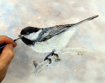How to Paint in Watercolor, Chickadee PDF Downloadable Art Tutorial, Realistic Watercolour Bird Illustration, Wildlife Painting Lesson