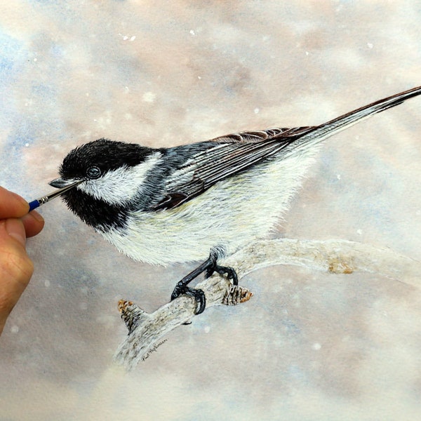 How to Paint in Watercolor, Chickadee PDF Downloadable Art Tutorial, Realistic Watercolour Bird Illustration, Wildlife Painting Lesson