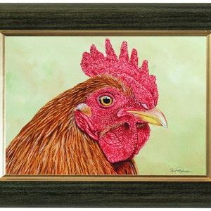 The cockerel painting in a green frame with agold inner trim.