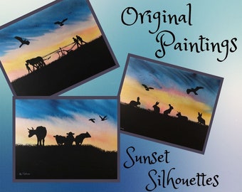 ORIGINAL Watercolour Sunset Paintings, Watercolor Silhouettes, Farming Gift, Countryside Life