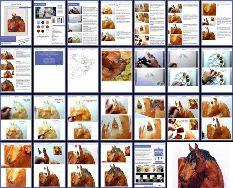 All the pages in the downloadable lessons displayed as a collage.  You can see the progression through the painting via the photos that are part of the lesson.  There is also written guidance too alongside the photos.
