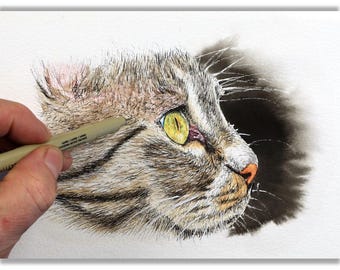 ORIGINAL Pen & Wash Cat Portrait, Illustration Style Fine Art Watercolour
