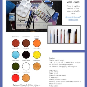 The materials section of the lesson.  The paints are shown as coloured, circular swatches, and everything else is in a written list.