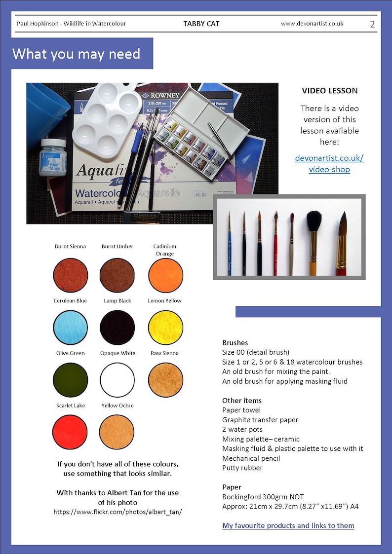 The materials section of the lesson.  The paints are shown as coloured, circular swatches, and everything else is in a written list.