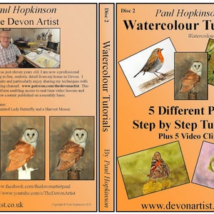 May include: A DVD cover for a watercolor painting tutorial series by Paul Hopkinson, The Devon Artist. The cover features a robin, a barn owl, and an otter, along with the text "Watercolor Tutorials" and "5 Different PDF Step by Step Tutorials Plus 5 Video Clips".