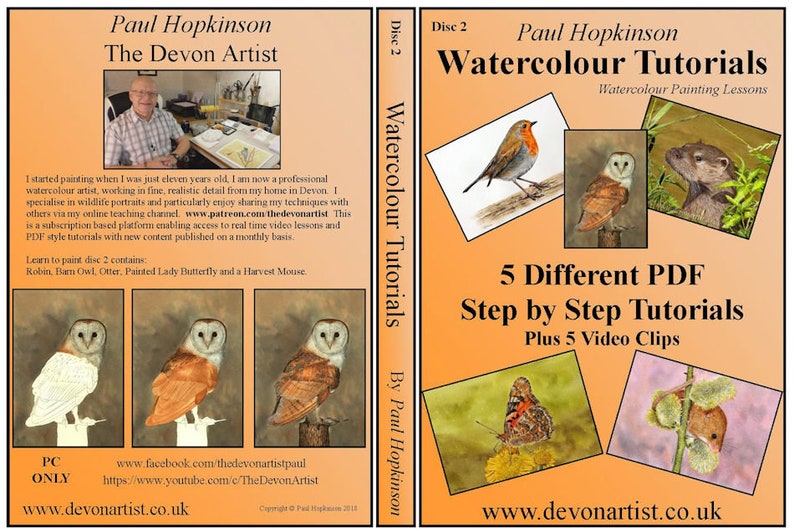 May include: A DVD cover for a watercolor painting tutorial series by Paul Hopkinson, The Devon Artist. The cover features a robin, a barn owl, and an otter, along with the text "Watercolor Tutorials" and "5 Different PDF Step by Step Tutorials Plus 5 Video Clips".