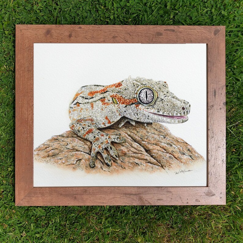 The gecko painting is in a brown wooden frame laid on a lawn.