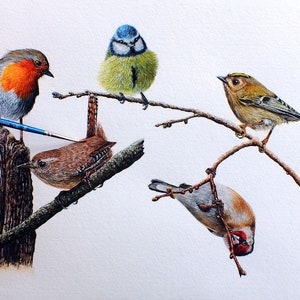 Paul holding his brush beside a very fine detailed watercolour painting of 5 small birds.  There's a robin on a stump, a blue tit and goldcrest on a branch.  A goldfinch hanging underneath the branch and a wren on a stick.