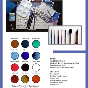 The material page of the lesson, this has swatches of all the watercolours that are needed.  Alongside there is a list of materials, including brushes.