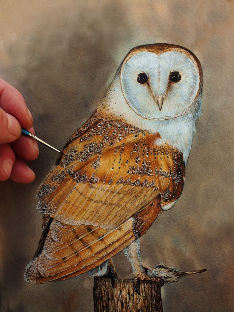 Paul painting a Barn Owl.  This owl has a white heart-shaped face, and a golden brown, speckled with white and black wings.  The bird is looking at the camera, and it is stood on a wood post, with a mouse under its foot.