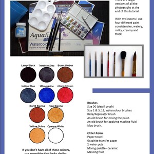 This is the materials page of the lesson, and it shows all the colours as swatches.  There are also lists of the other items, brushes and paper etc. that are needed.