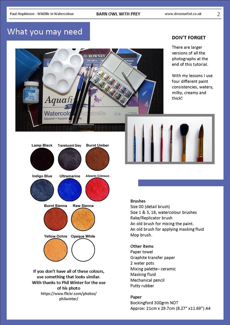 This is the materials page of the lesson, and it shows all the colours as swatches.  There are also lists of the other items, brushes and paper etc. that are needed.