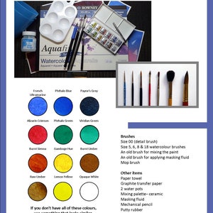 The second page of the lesson, with colour swatches of the paints needed.  There are 12 colours called for in this project.  Alongside is a list of other equipment, and photos of brushes too.