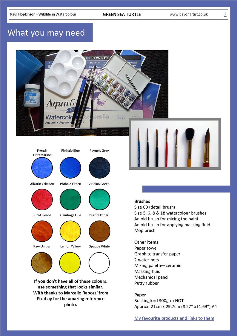 The second page of the lesson, with colour swatches of the paints needed.  There are 12 colours called for in this project.  Alongside is a list of other equipment, and photos of brushes too.