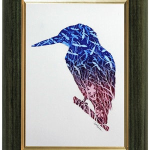 The Kingfisher painting in a green frame with a gold frame.  The painting is in the portrait format.