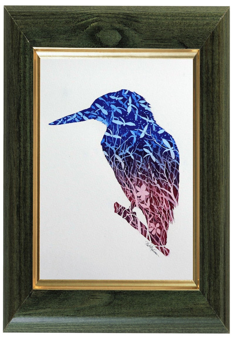 The Kingfisher painting in a green frame with a gold frame.  The painting is in the portrait format.