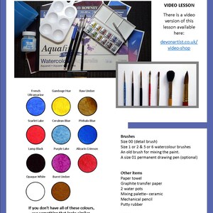 The second page of the lesson, with the list of materials, and swatches of all the colours that are needed to complete the dragonfly painting in watercolour