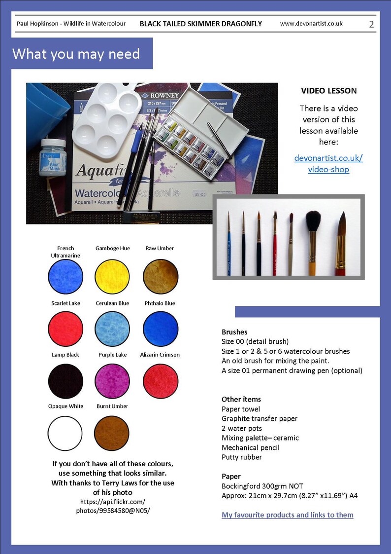 The second page of the lesson, with the list of materials, and swatches of all the colours that are needed to complete the dragonfly painting in watercolour