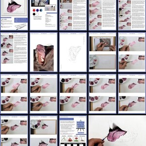 An overview collage of all the pages in the dog tongue painting lesson.  Paul's progress is shown through masses of photos of his own painting as he works on it start to finish.  These images are combined with blocks of written text.