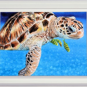 The finished turtle painting in a white frame.  The animal is set against a bright blue background, with 4 small yellow fish alongside.  The turtle is brown, but has patterns all over its skin and shell.