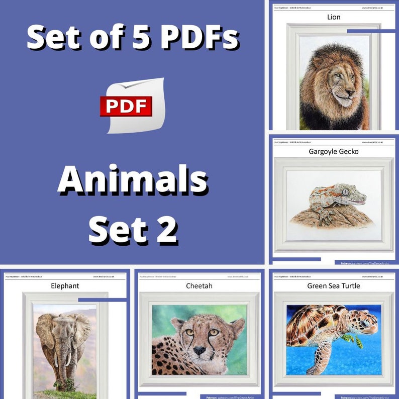 A collage image showing all the tutorials included in this listing. These include a lion, gecko, elephant, cheetah and sea turtle.  They are all highly detailed and look realistic.