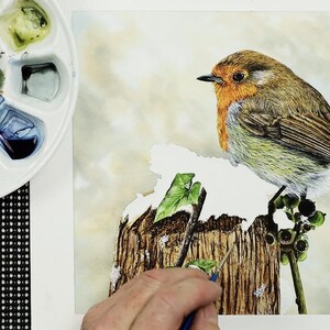 In this image the robin, post and ivy are fully painted, but Paul has left the snow section completely white so far, so just the paper showing.