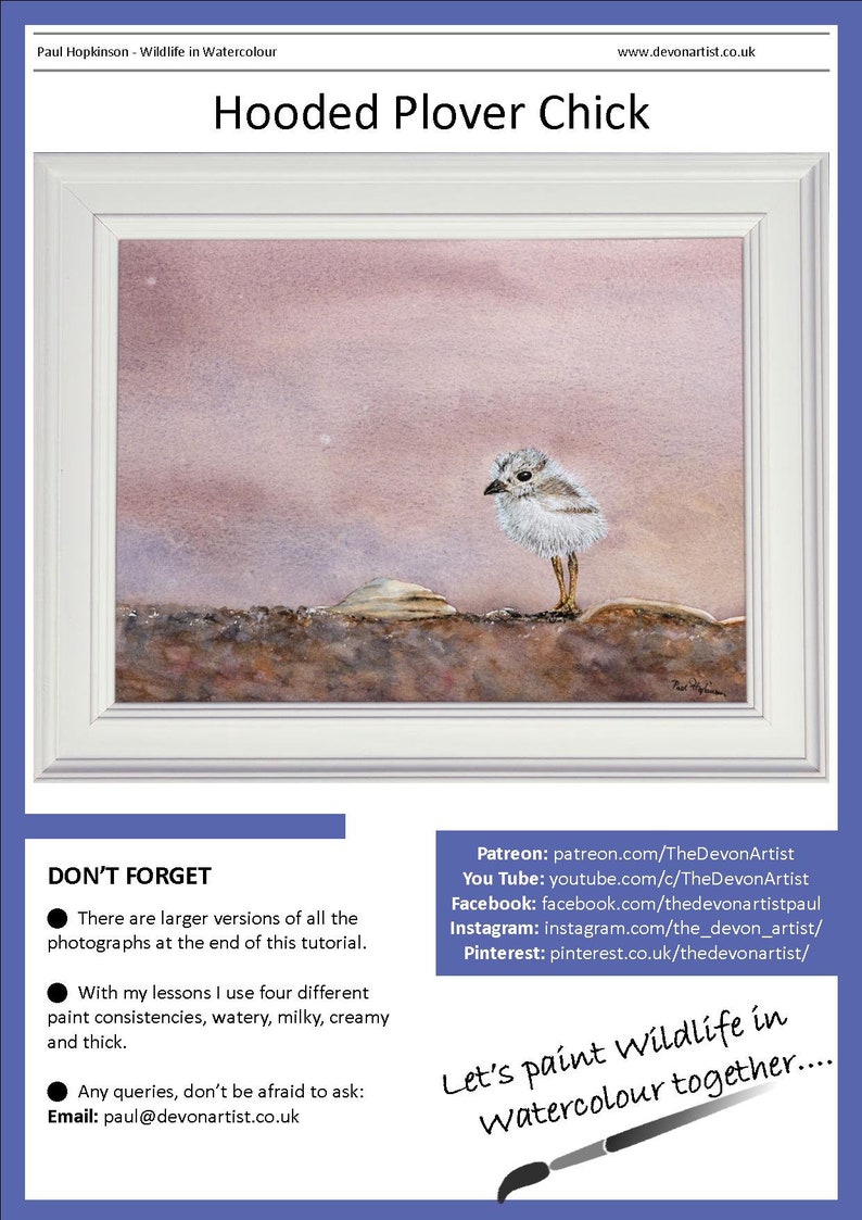 The front page of the lesson, this, has the finished chick painting in a white frame.  Underneath are links to Paul's other online painting channels.