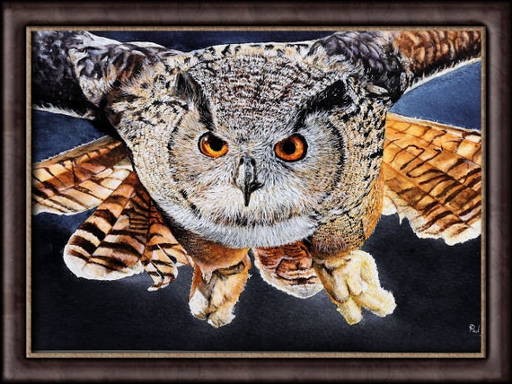 オリジナルのワシミミズクの水彩画、ファインアートの水彩画の鳥の