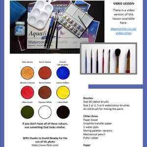 Page 2 of the lesson which details all the materials that will be needed for the project.    The paints are shown as coloured swatches, and everything else is in a list format.