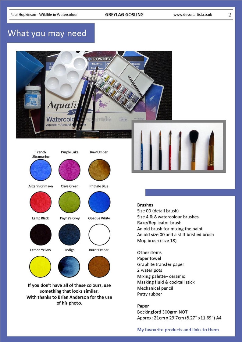 The material page for this project.  This shows swatches of the watercolors needed for the painting.  There is also a list of brushes and other equipment that the student will need.