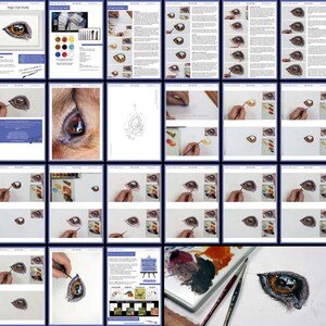 Overview collage of all the pages in the dog's eye painting lesson.  From the many photos that are included, you can see the progression of the painting as Paul works on it.  He has also included written guidance too.