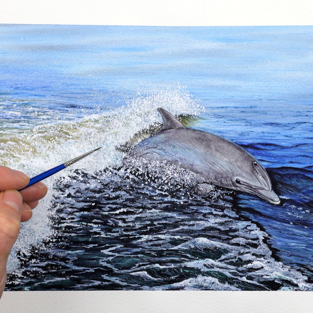 オリジナル水彩画イルカの絵画、リアルな野生動物のアートワーク