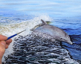 ORIGINAL Watercolour Dolphin Painting, Realistic Wildlife Artwork, Watercolor Animal Painting, Seascape Art