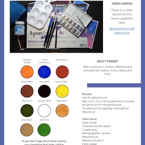 A list of materials that may be needed for this project, alongside colour swatches of the watercolours used.