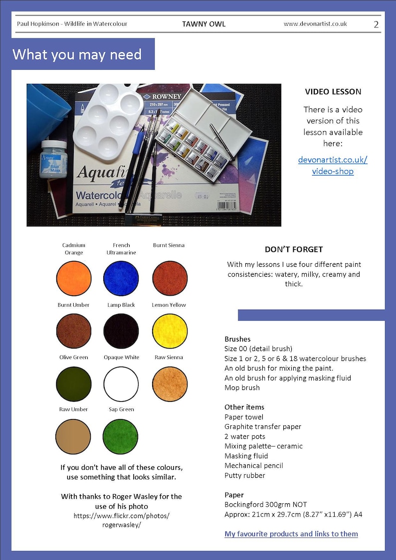 A list of materials that may be needed for this project, alongside colour swatches of the watercolours used.