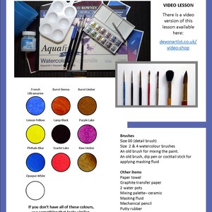 The materials section of the lesson, with the paint colours laid out as circular swatches, alongside a list of other materials and art equipment needed to complete the project.