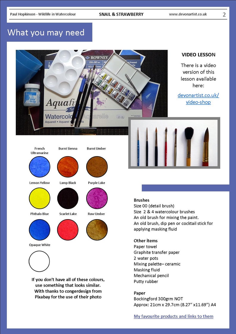 The materials section of the lesson, with the paint colours laid out as circular swatches, alongside a list of other materials and art equipment needed to complete the project.
