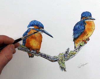 オリジナルのペン＆ウォッシュカワセミの絵画、インクの鳥の絵、リアル