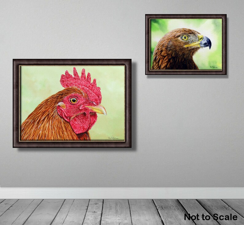 The cockerel painting in a dark brown frame displayed on a grey wall with a painting of a golden eagle to the top right of it.