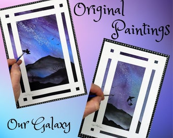 ORIGINAL Watercolor Paintings, Galaxy Watercolour Artwork, Astronomer Gift, Silhouette Landscape Painting